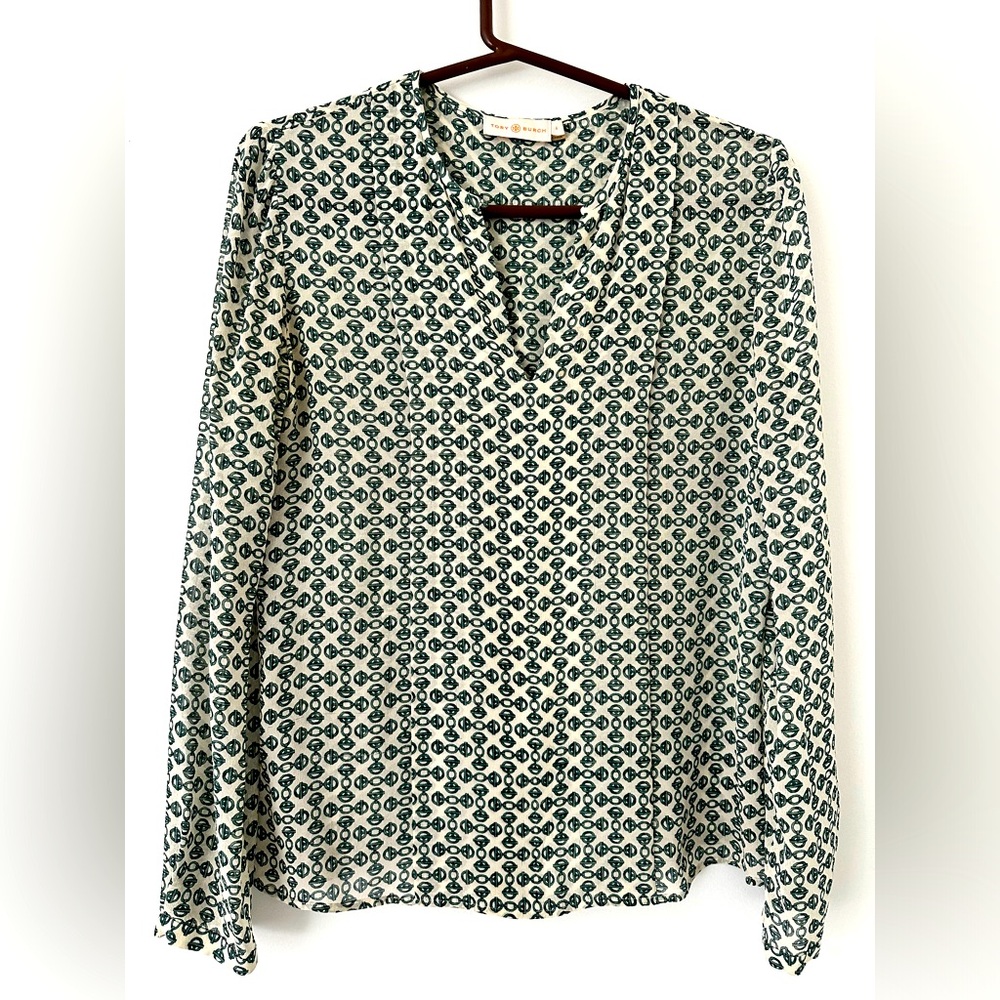 Tory Burch silk chainmail pleated detail blouse - size 4 “english green chains”